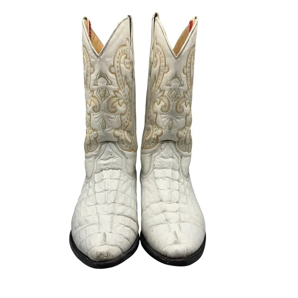 Potrero Mens Western Boots Size 7.5 US White Crocodile Leather Cowboy Distressed